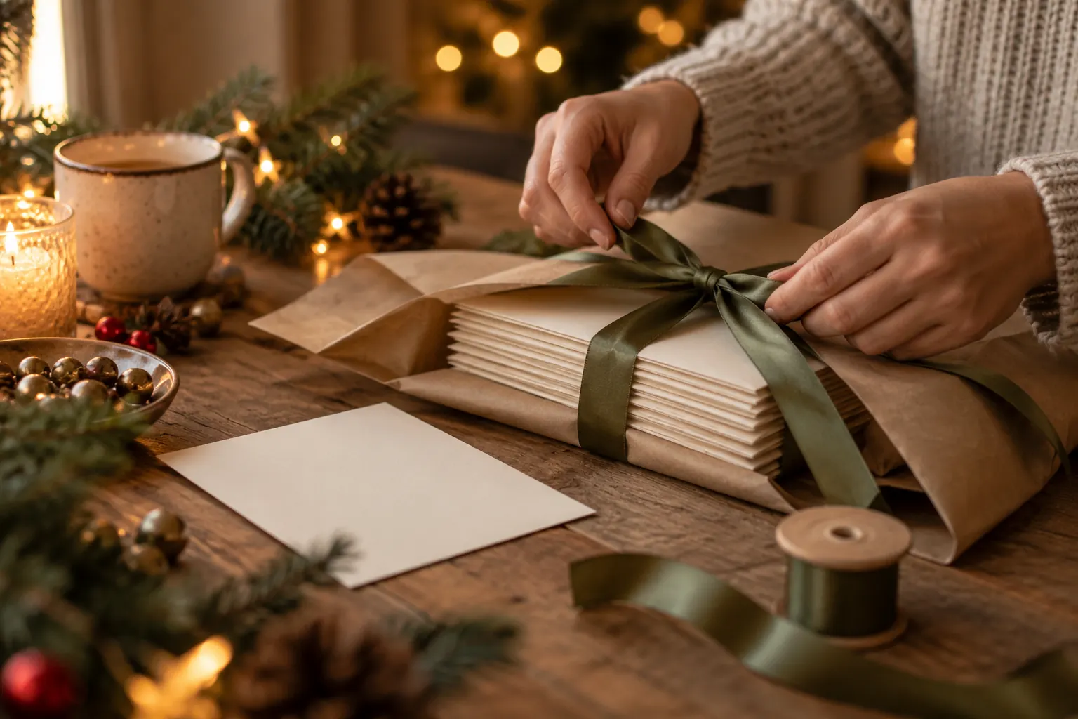 Letter subscription gift being wrapped with envelopes, kraft paper and ribbon