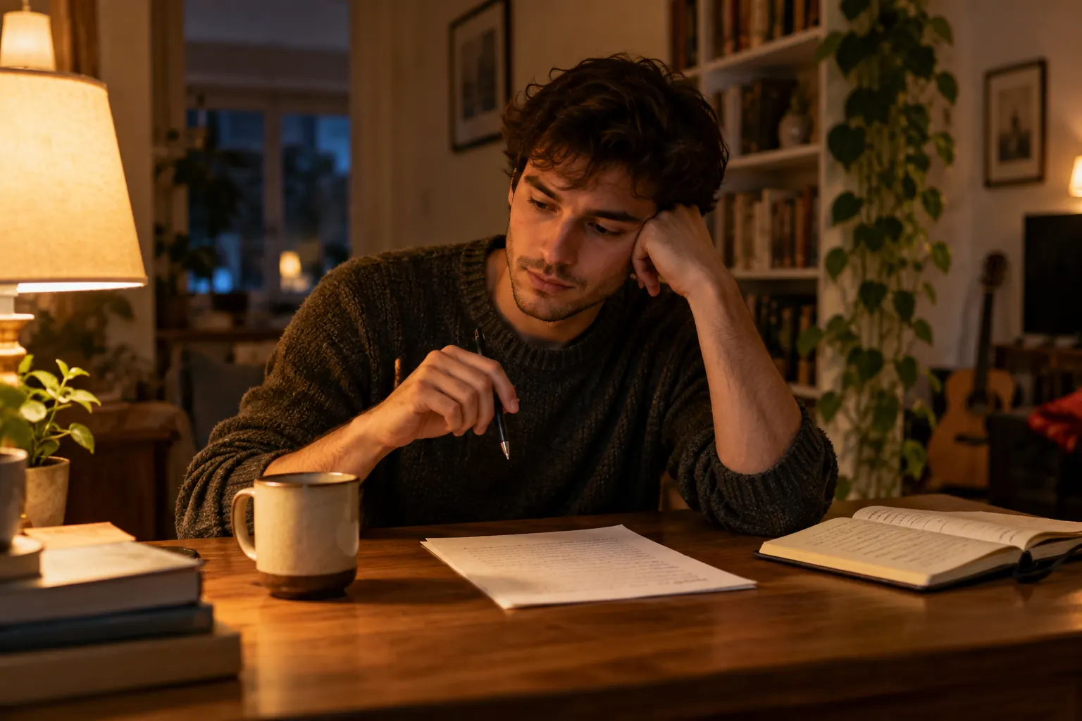 Young man thinking over a half written letter at a desk in lamp light